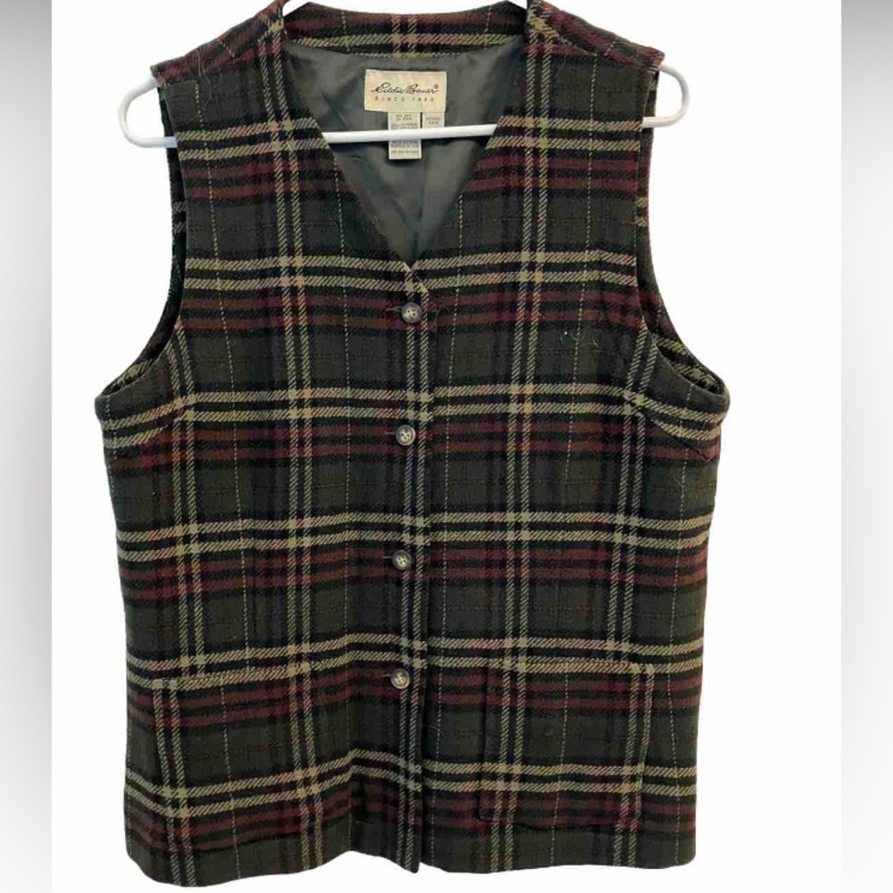 Vintage Eddie Bauer Wool Tartan Plaid Vest Women’s Size L Button Down